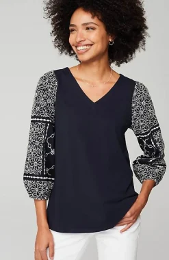 J.Jill Mixed-Media Embroidered-Sleeve Top | Jjill-Women Tops & Tees