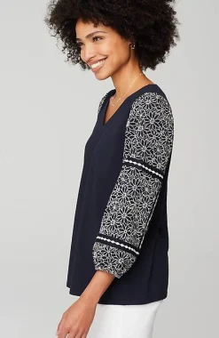 J.Jill Mixed-Media Embroidered-Sleeve Top | Jjill-Women Tops & Tees