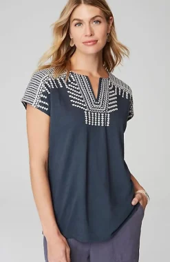 J.Jill Pure Jill Embroidered Split-Neck Tee | Jjill-Women Tops & Tees