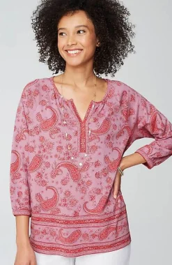 J.Jill Pure Jill Split-Neck Border-Printed Top | Jjill-Women Tops & Tees