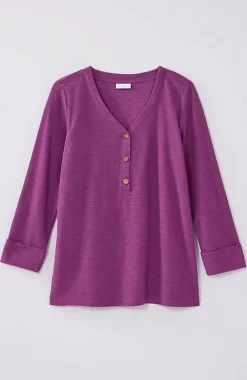 J.Jill Textured-Cotton Rolled-Cuff Henley Top | Jjill-Women Tops & Tees
