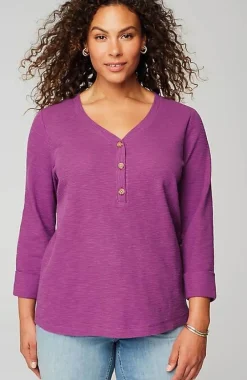 J.Jill Textured-Cotton Rolled-Cuff Henley Top | Jjill-Women Tops & Tees