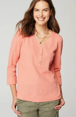 J.Jill Textured-Cotton Rolled-Cuff Henley Top | Jjill-Women Tops & Tees