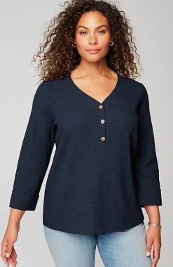 J.Jill Textured-Cotton Rolled-Cuff Henley Top | Jjill-Women Tops & Tees