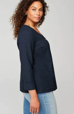 J.Jill Textured-Cotton Rolled-Cuff Henley Top | Jjill-Women Tops & Tees